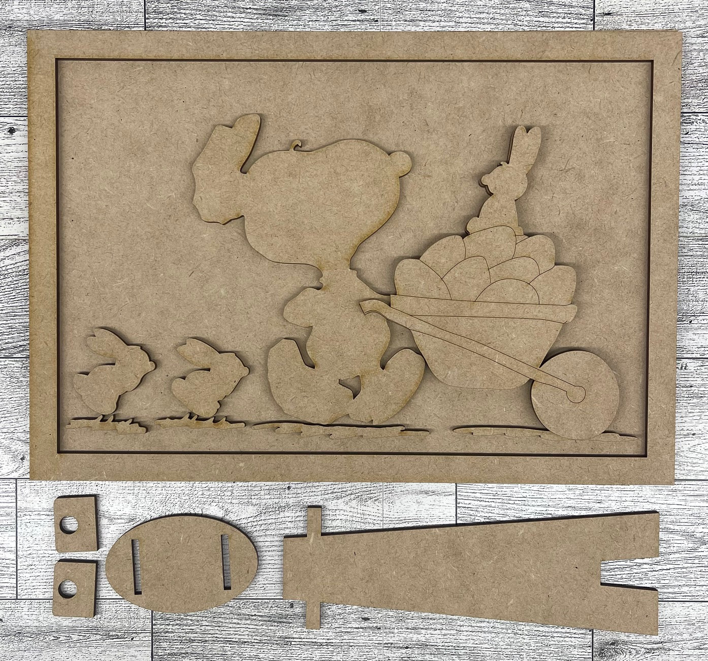 Peanuts - Snoopy Easter Eggs in Wheelbarrow - Cutout unpainted wood ready for you to paint