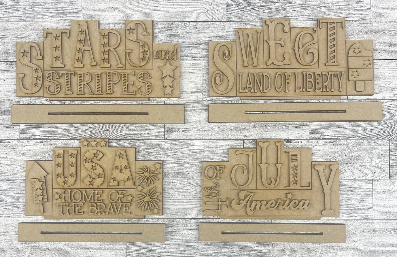 Patriotic word kit - wood pieces, unpainted wood cutouts, ready for you to paint, scrapbook paper is not included