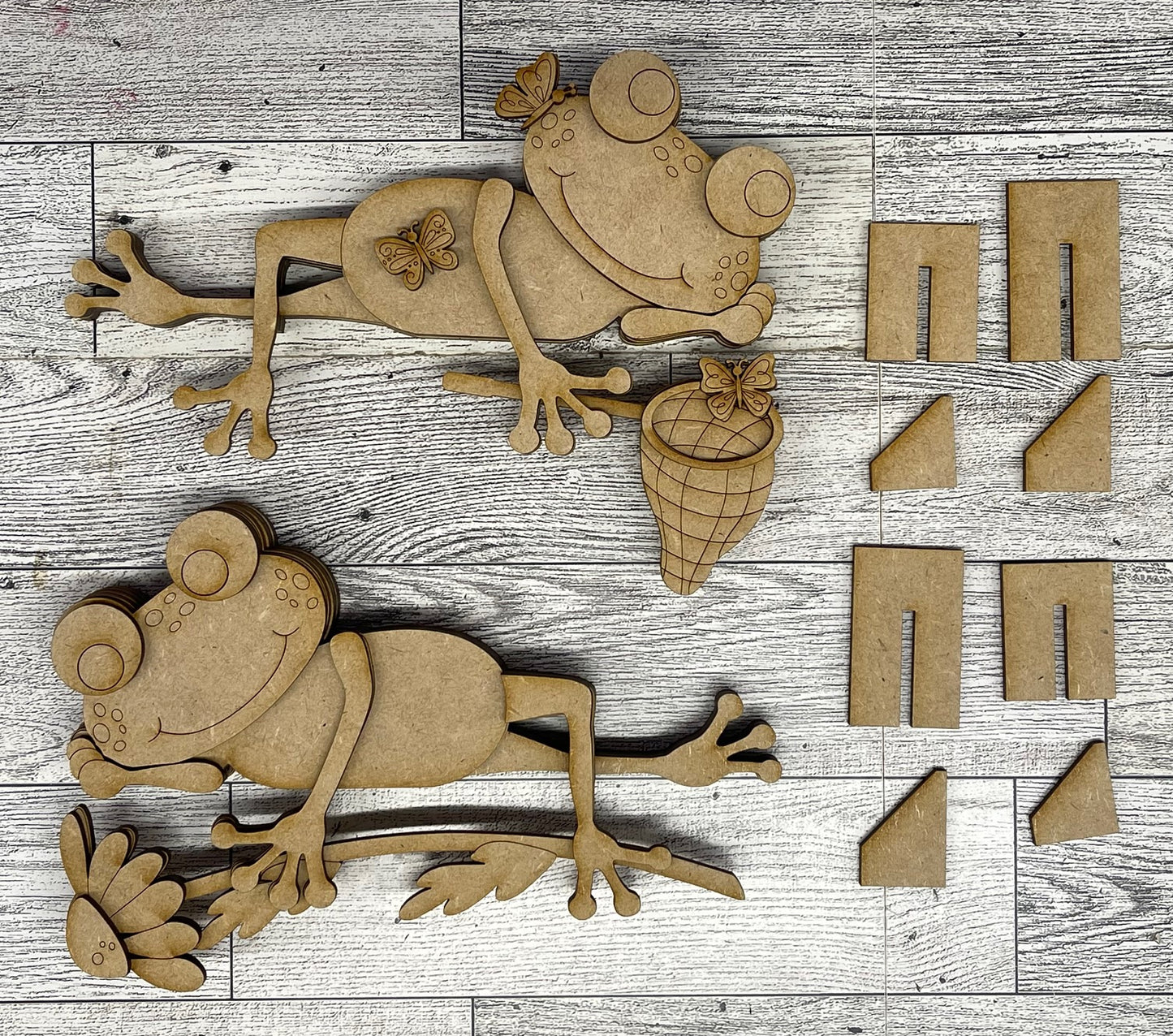 Spring Frog Shelf Sitter set of 2 - hangs over shelf - unpainted wood cutouts, ready for you to paint