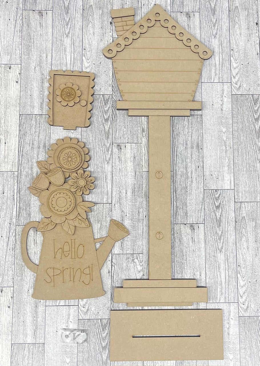 Hello Spring Watering Can Birdhouse changeable standing kit only - wood pieces, unpainted wood cutouts, ready for you to paint, sign backer is not included
