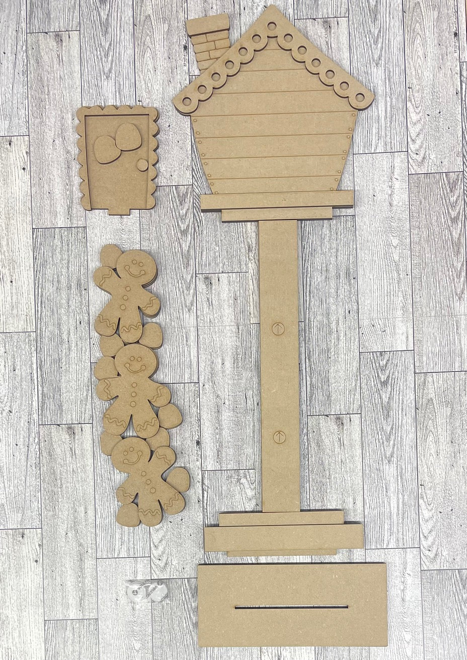 Gingerbread Birdhouse changeable standing kit only - wood pieces, unpainted wood cutouts, ready for you to paint, sign backer is not included