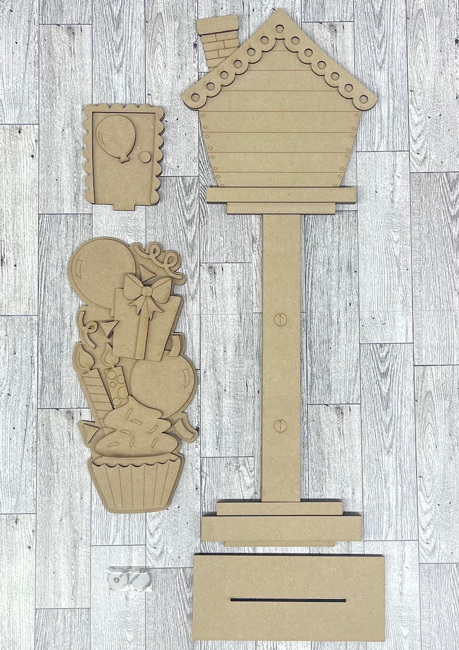 Birthday Birdhouse changeable standing kit only - wood pieces, unpainted wood cutouts, ready for you to paint, sign backer is not included