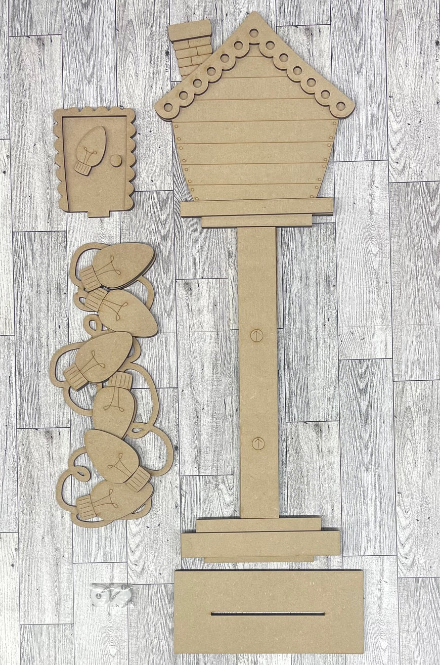Christmas Lights Birdhouse changeable standing kit only - wood pieces, unpainted wood cutouts, ready for you to paint, sign backer is not included