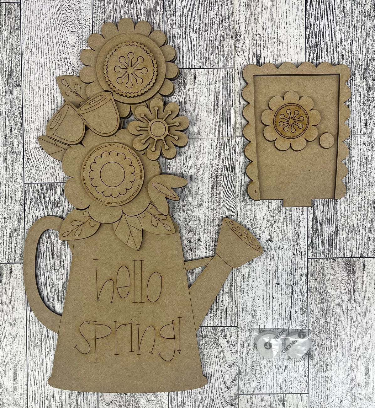 Hello Spring Watering Can Birdhouse changeable standing kit only - wood pieces, unpainted wood cutouts, ready for you to paint, sign backer is not included