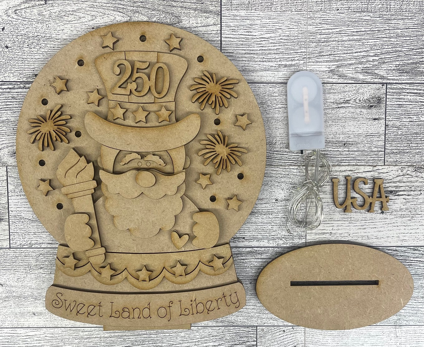 Uncle Sam Patriotic Lighted Globe - unpainted wood cutouts, ready for you to paint