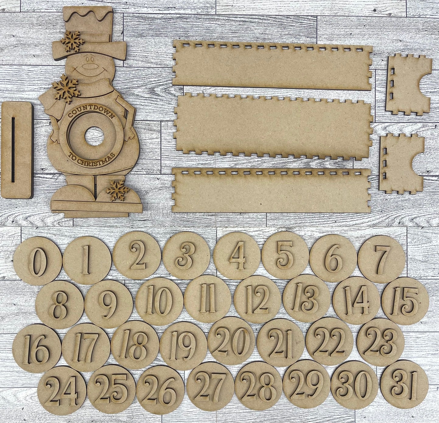 Snowman Countdown to Christmas wood cutouts, unpainted ready for you to paint