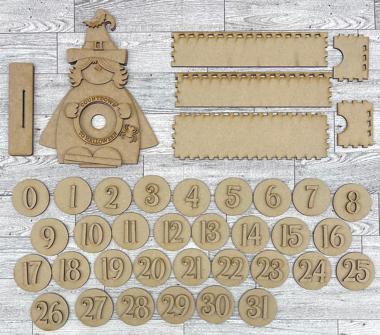 Witch Countdown to Halloween wood cutouts, unpainted ready for you to paint