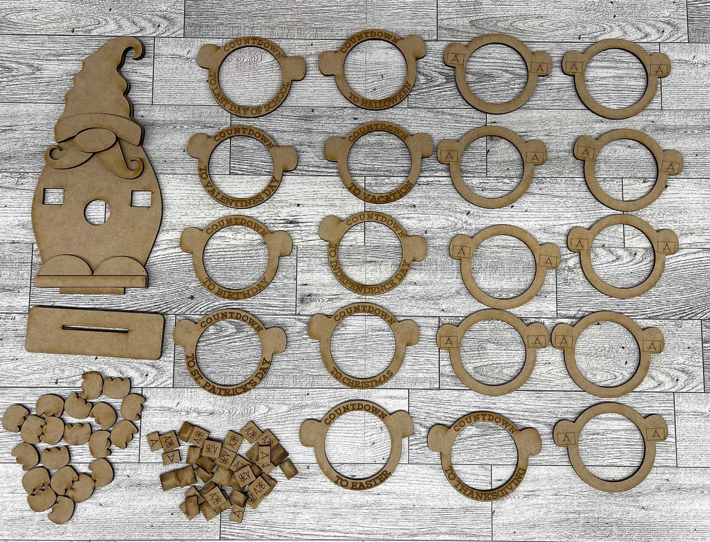 Gnome Countdown to multiple holidays wood cutouts, unpainted ready for you to paint