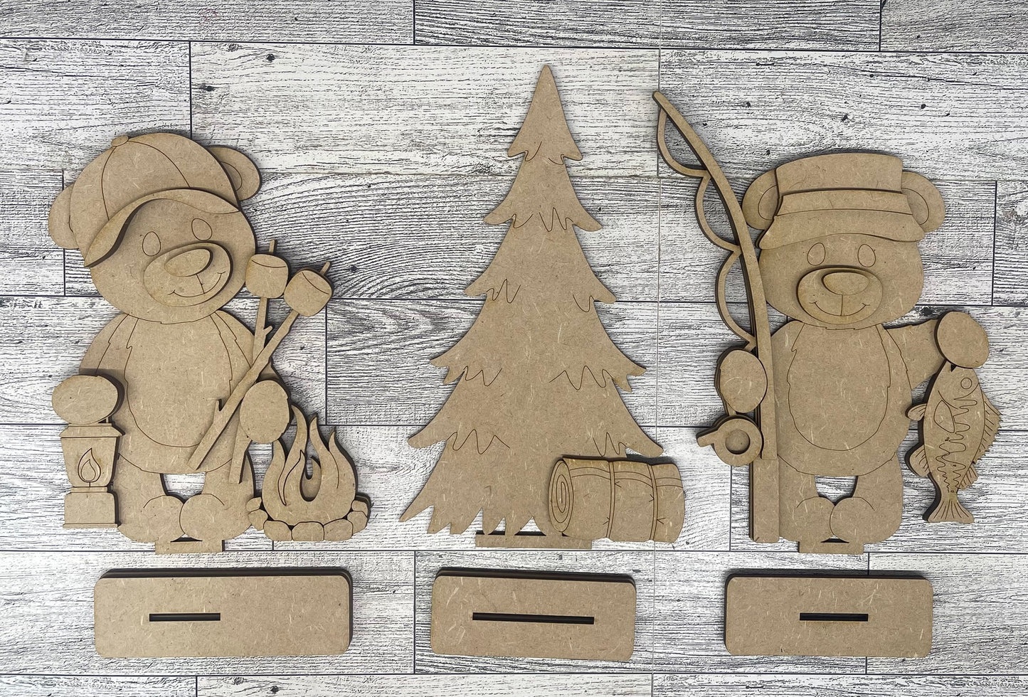 Camping & Fishing Bear Standers set of 2 - unpainted wooden cutouts, ready for you to paint