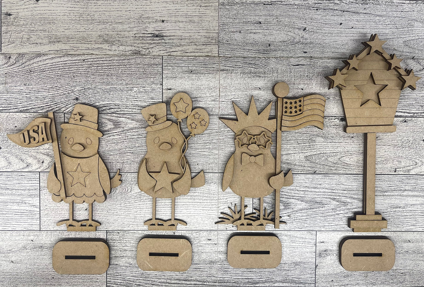 Patriotic Bird and Birdhouse Standers - set of 4 - unpainted wooden cutouts, ready for you to paint