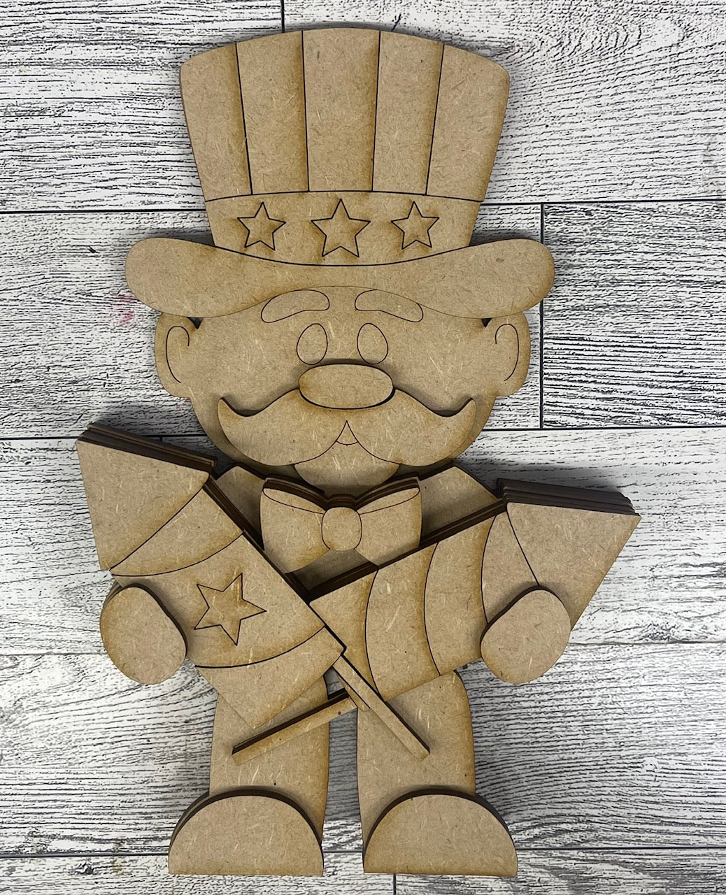 Uncle Sam Patriotic Shelf Sitters hanging over shelf - set of 2 - unpainted wooden cutouts, ready for you to paint
