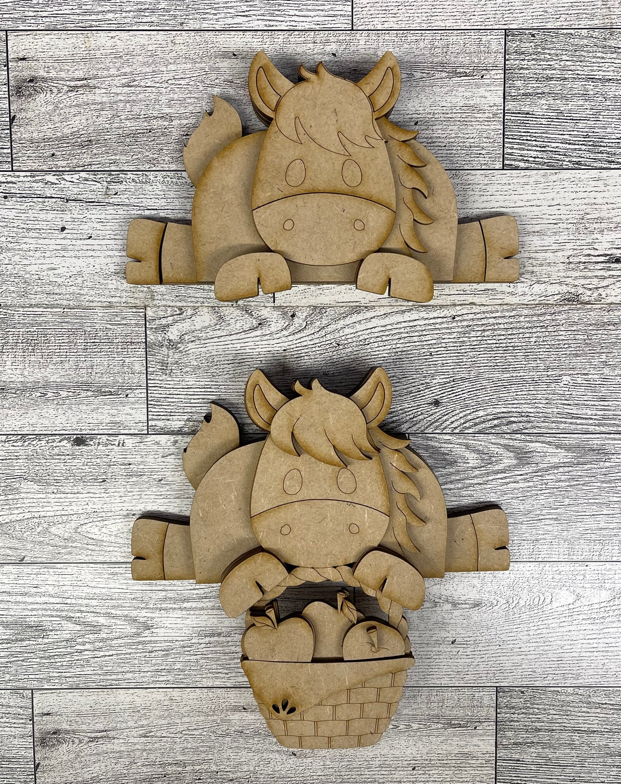 Horse Shelf Sitters hanging over shelf - set of 2 - unpainted wooden cutouts, ready for you to paint
