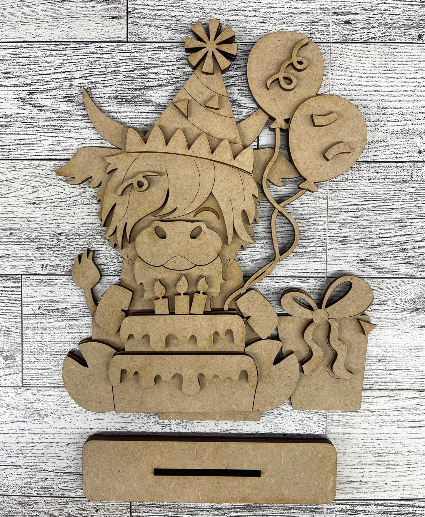 $5.00 Friday - Birthday Highland Cow Stander - unpainted cutouts ready for you to finish