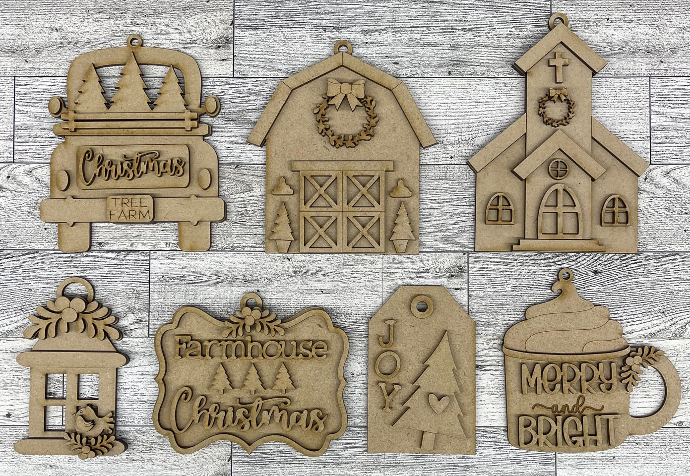 Country Christmas Tree Farm Ornaments unpainted cutouts