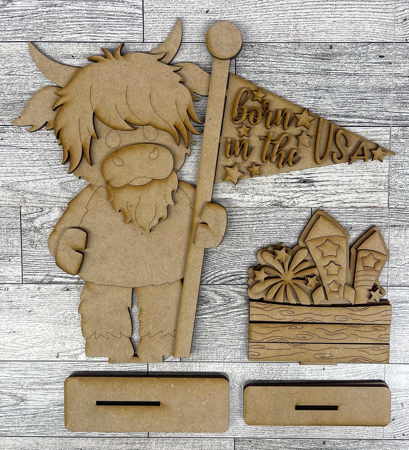 $12.00 Thursday - Highland Cow with 2 Changeable Flags and 2 Basket inserts and basket - unpainted cutouts ready for you to finish