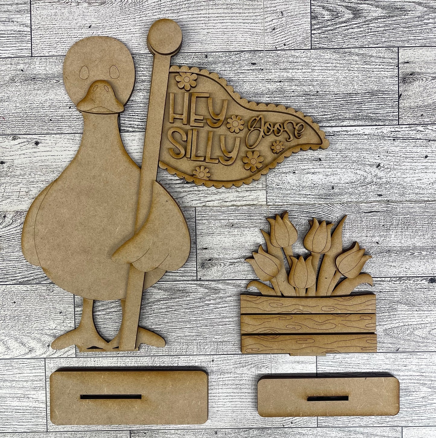 $12.00 Thursday - Goose with 2 Changeable Flags and 2 Basket inserts and basket painted cutouts ready for you to finish