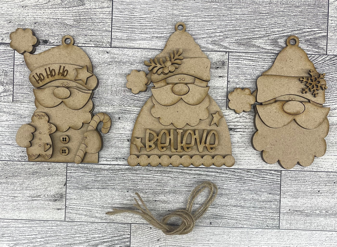 Prim Santa Trio Ornaments unpainted cutouts