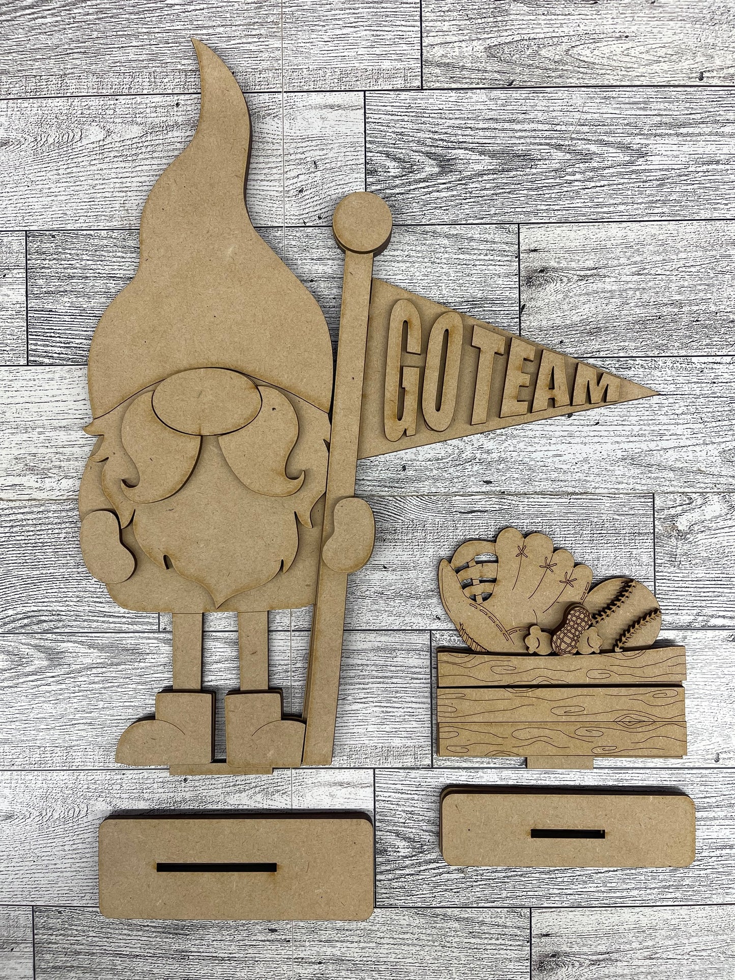 $12.00 Thursday - Gnome with 2 Changeable Flags and 2 Basket inserts and basket painted cutouts ready for you to finish
