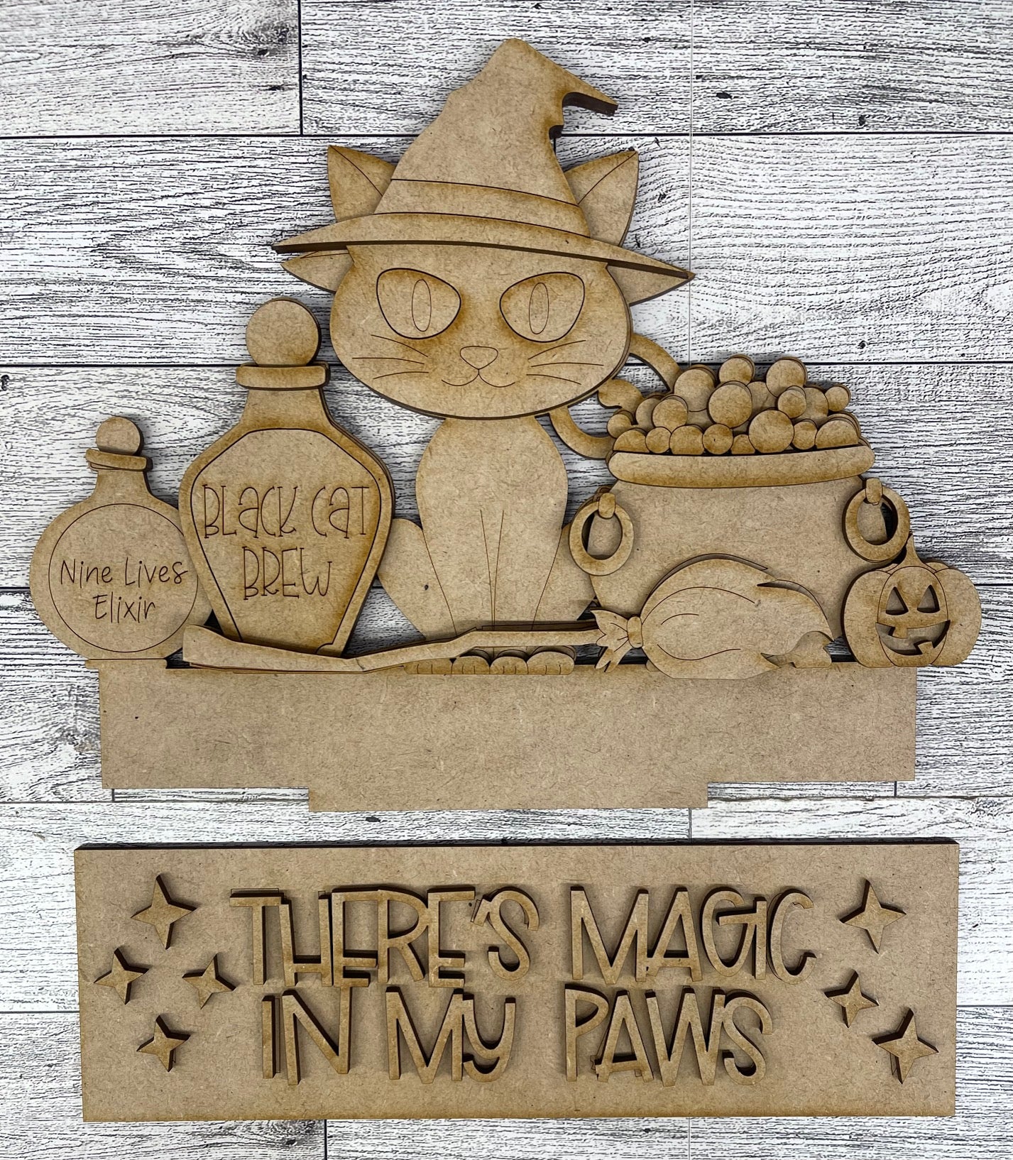 Halloween Cat Window Insert - Theres Magic in my Paws - for Changeable Window Box unpainted wood cutouts, ready for you to paint