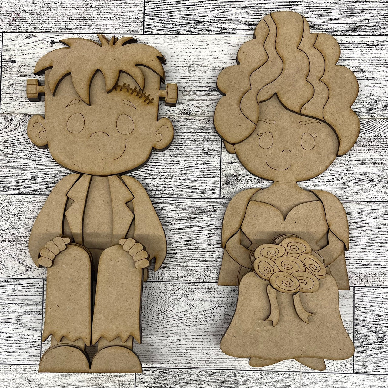 $10.00 Tuesday - Halloween Frankenstein & his bride Shelf Sitters - unpainted cutouts ready for you to finish
