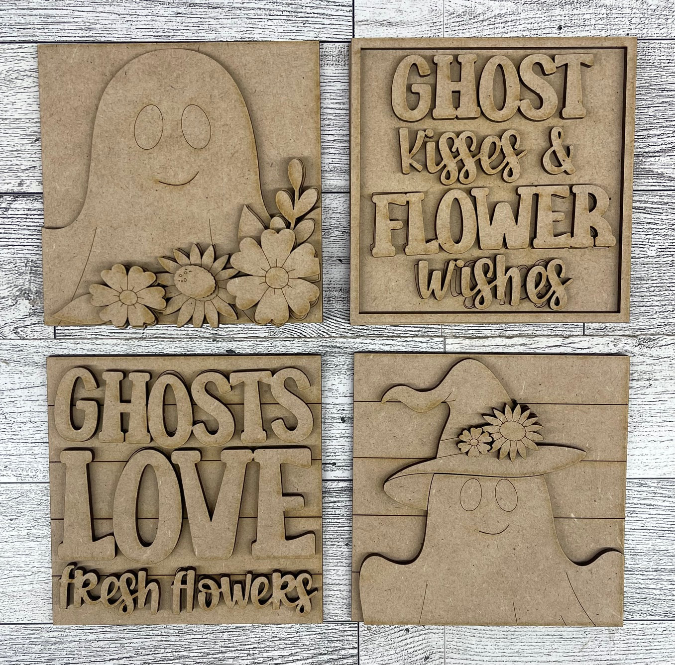 Halloween Ghost with Flowers Leaning Ladder Blocks - set of 4 - unpainted ready for you to finish