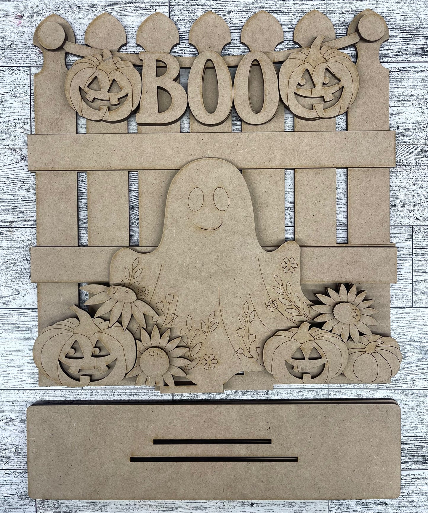 Halloween Ghost with Flowers 2026 Insert for Picket Fence unpainted wood cutouts, ready for you to paint