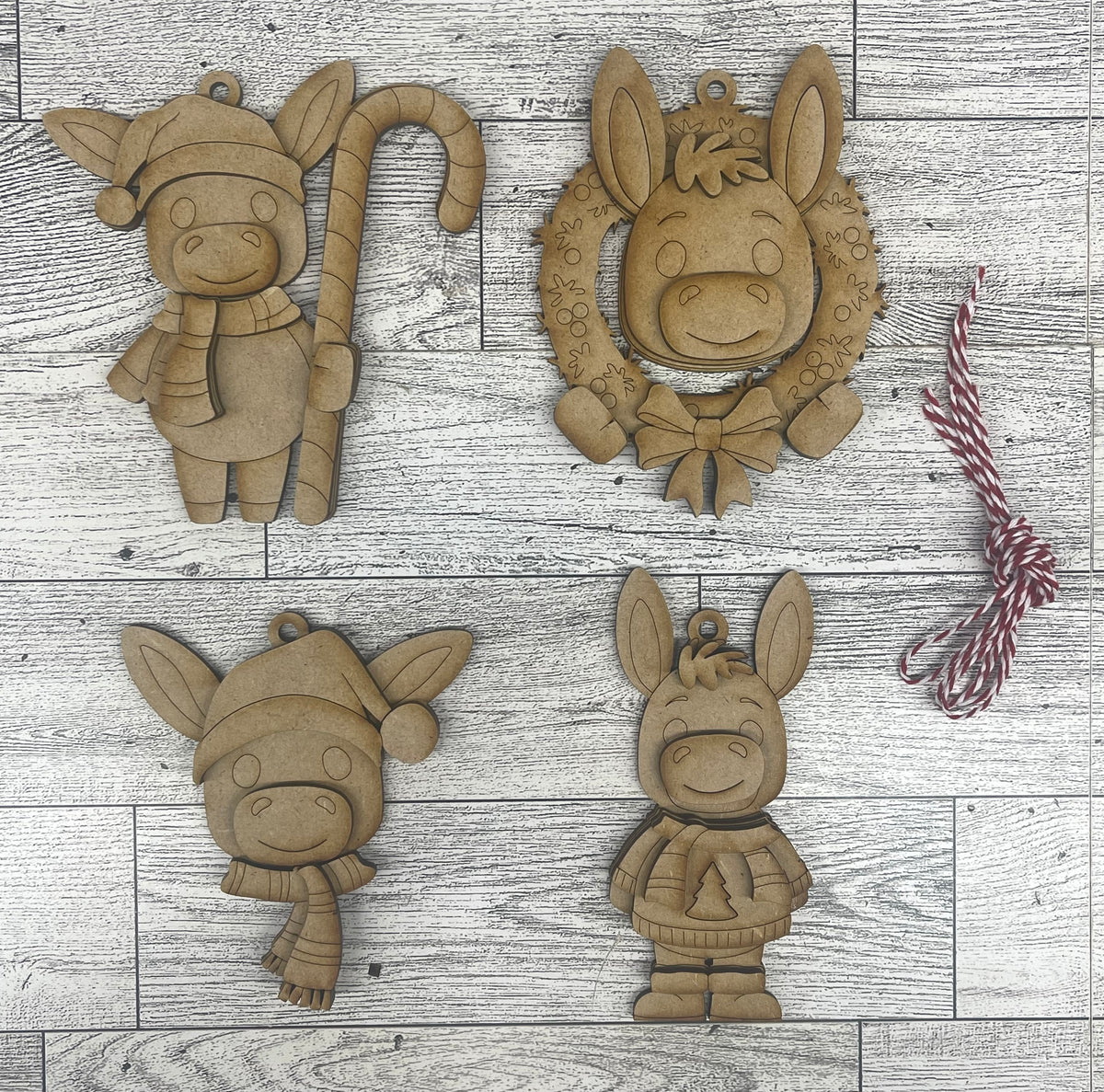Donkey Christmas Ornaments Set of 4 - 2026 - unpainted wooden cutouts, ready for you to paint
