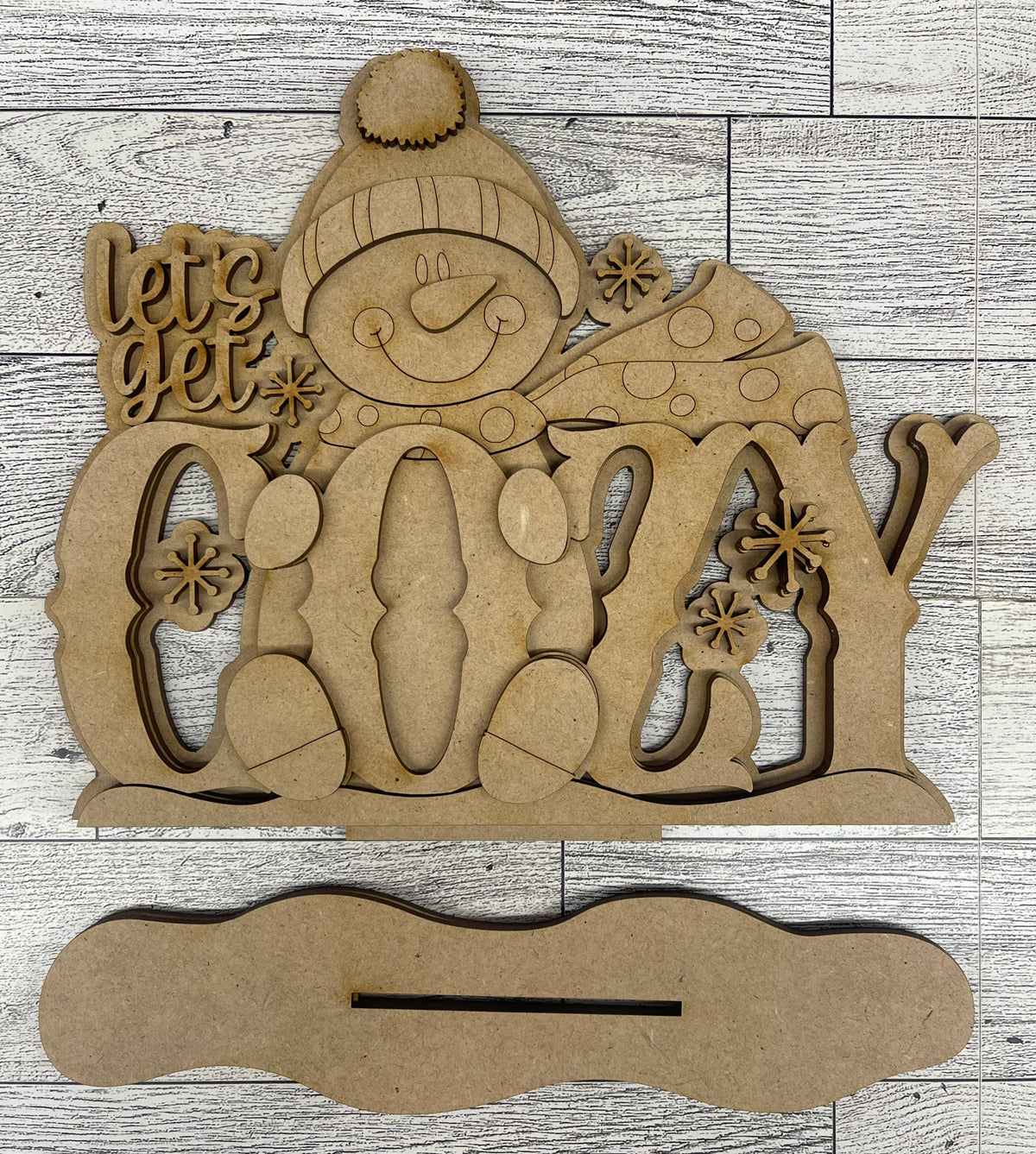Let’s Get Cozy Snowman Word Stander 2026 - unpainted wood cutouts, ready for you to paint