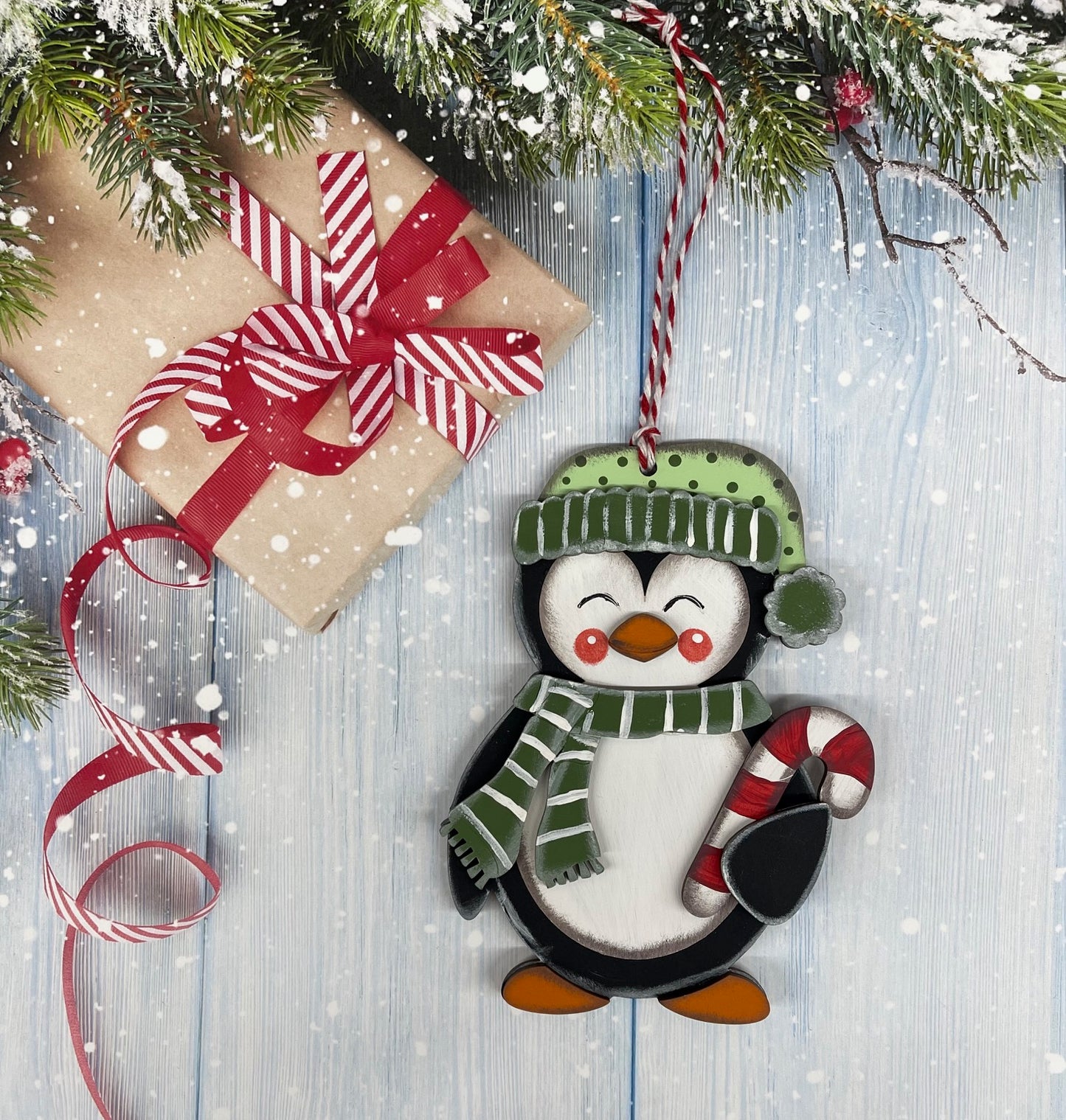 Painted Penguin with Green Hat & Candy Cane Ornament