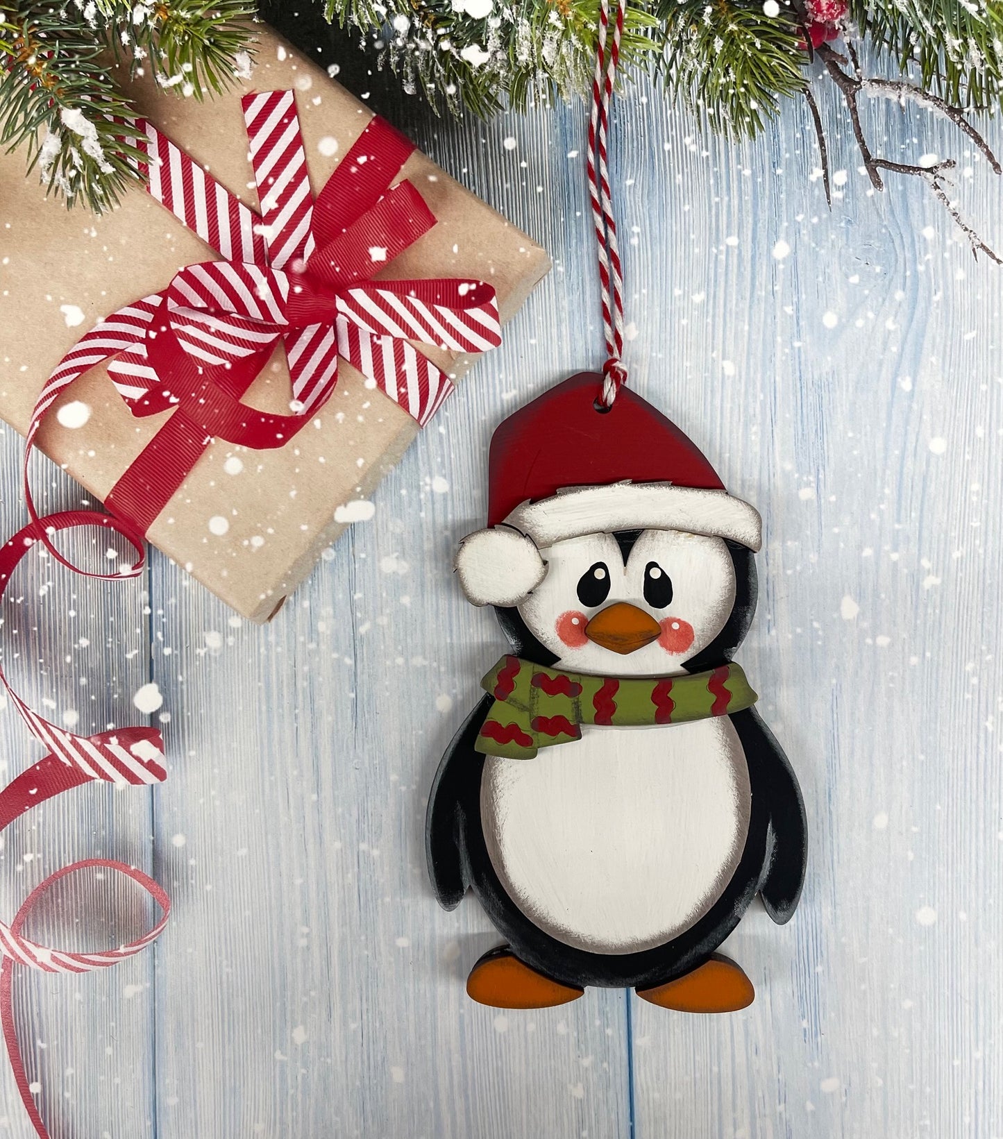 Painted Penguin with Santa Hat and Green Scarf Ornament