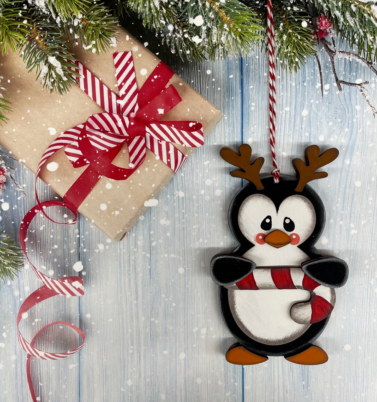 Painted Penguin with Reindeer Antlers & Candy Cane Ornament