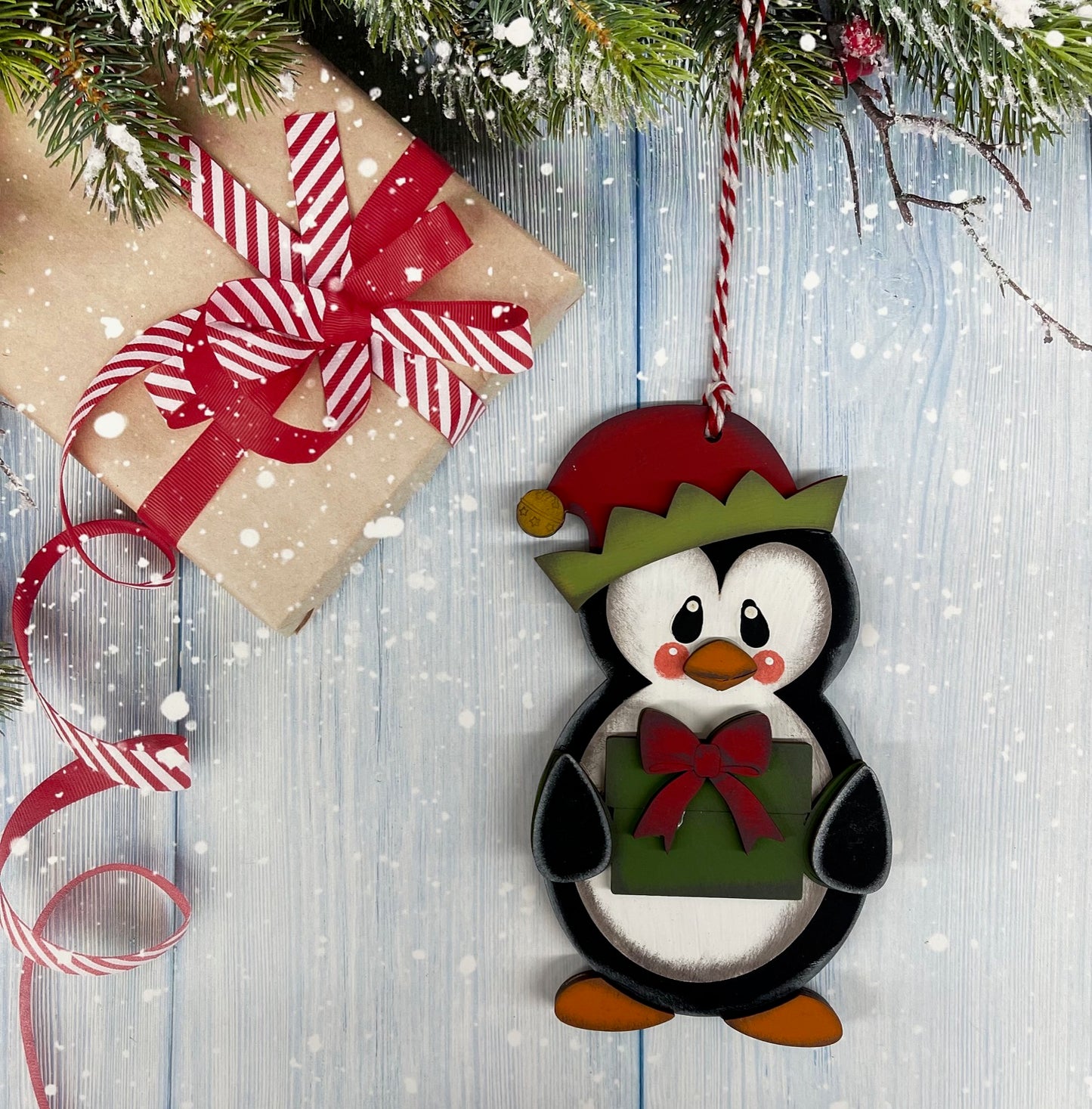 Painted Penguin with Elf Hat and Present Ornament