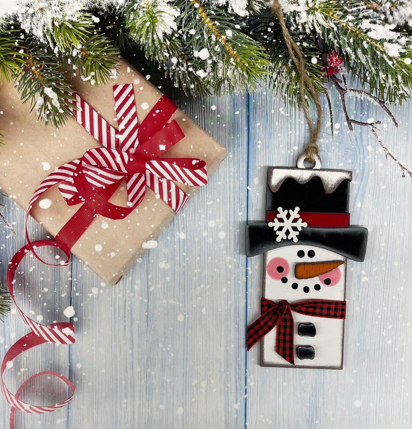 Painted Pallet Snowman with Ribbon Scarf Christmas Ornament