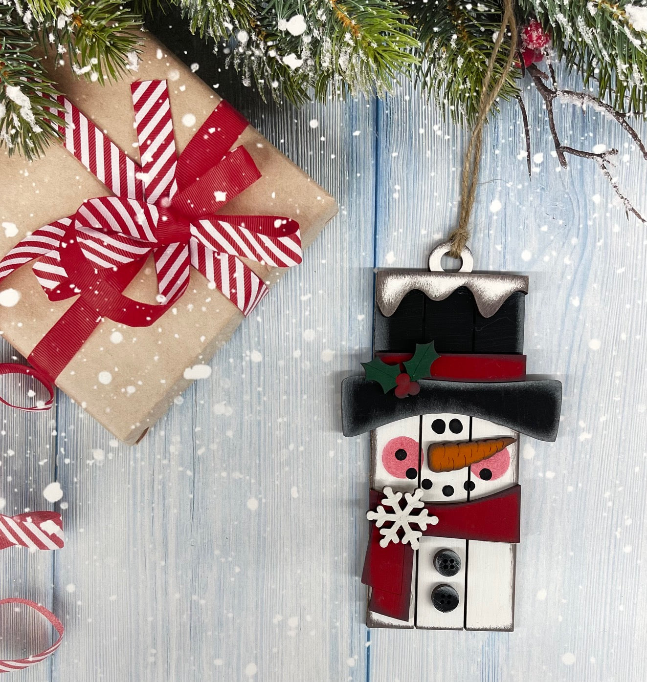 Painted Pallet Snowman with Scarf Christmas Ornament