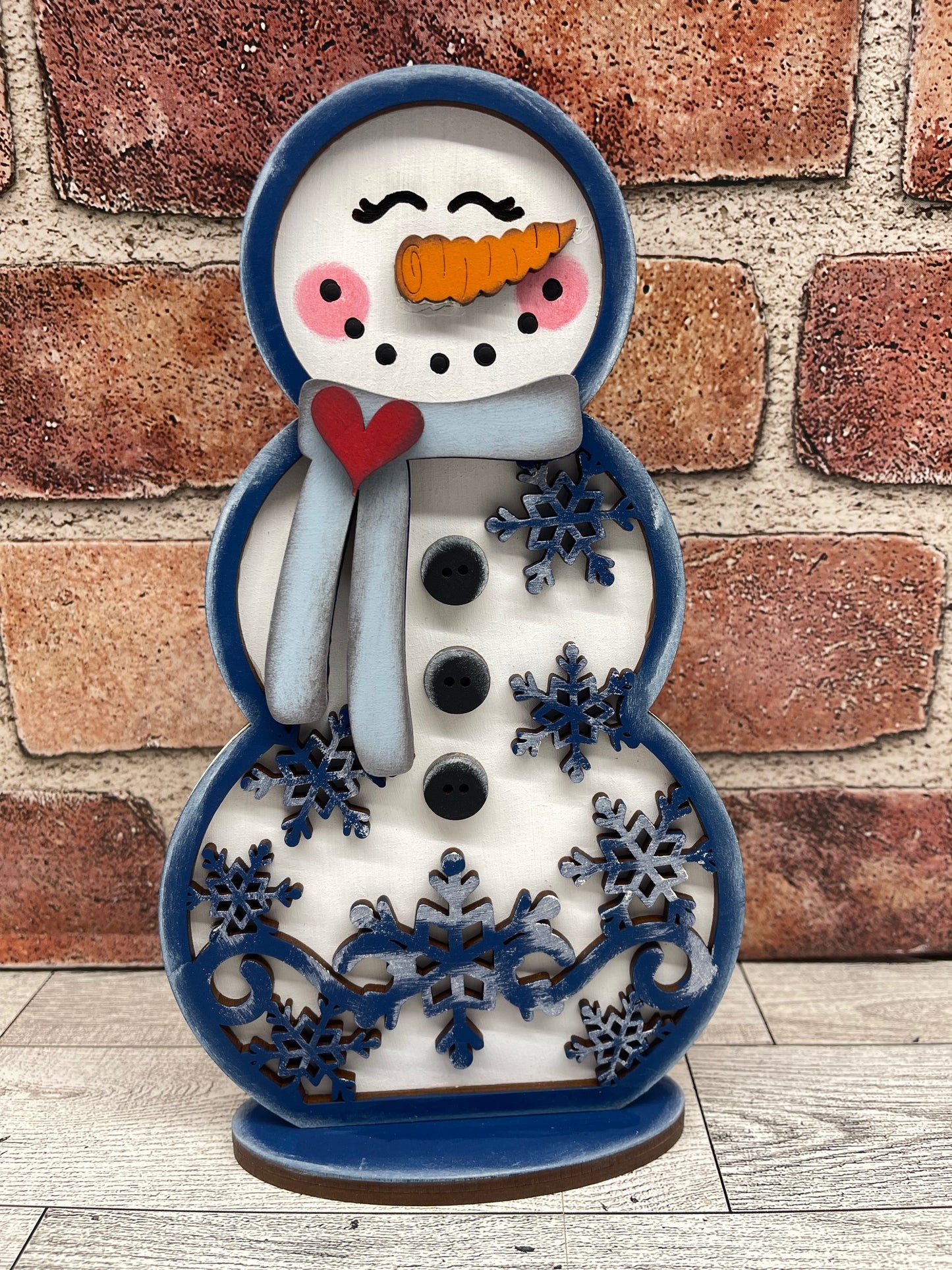 Painted Blue Mrs. Snowman Stander