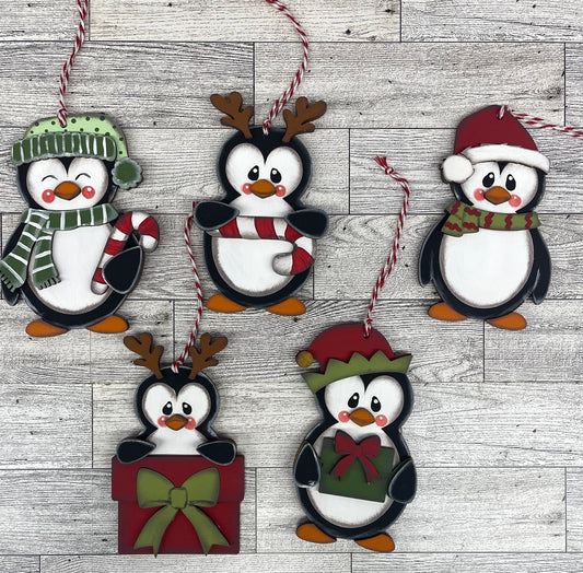 Penguin Christmas Ornaments Set of 5 unpainted cutouts