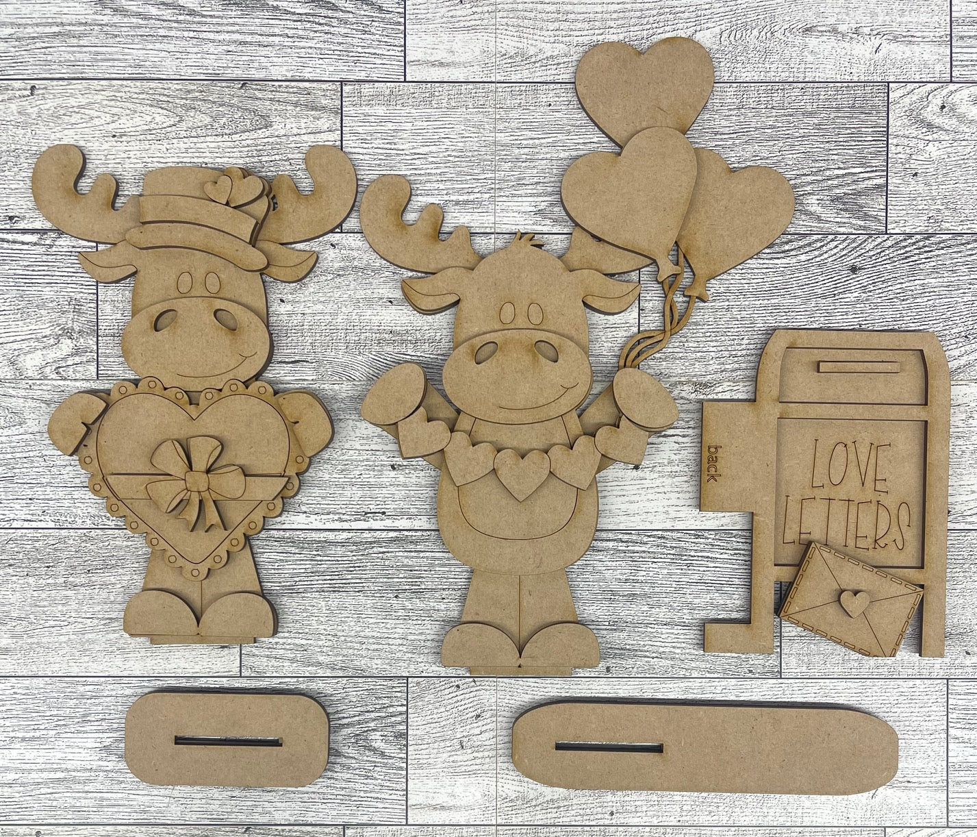Valentines Moose set of 2 with Mail Box wood cutouts, unpainted ready for you to paint