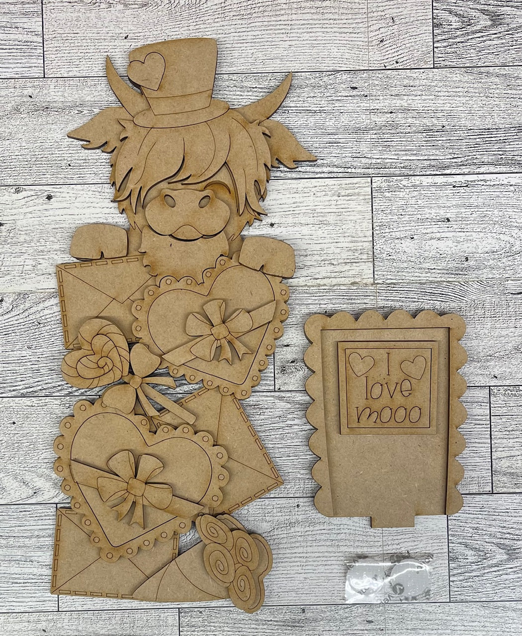 Valentines Highland Cow Birdhouse changeable standing kit only - wood pieces, unpainted wood cutouts, ready for you to paint, sign backer is not included