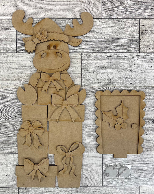 Christmas Moose Birdhouse changeable standing kit only - wood pieces, unpainted wood cutouts, ready for you to paint, sign backer is not included
