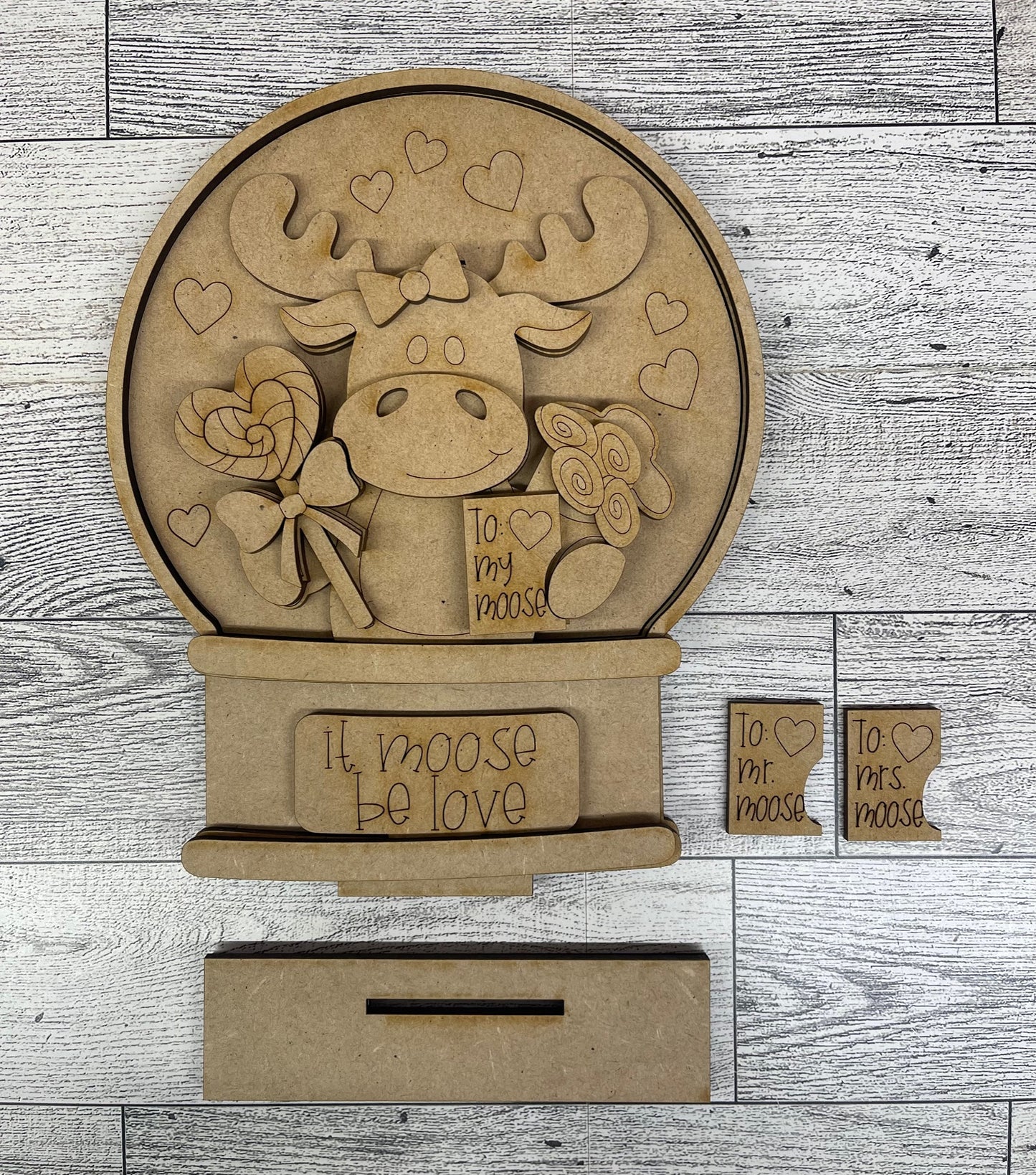 Valentines Moose Water globe cutouts unpainted ready for you to finish