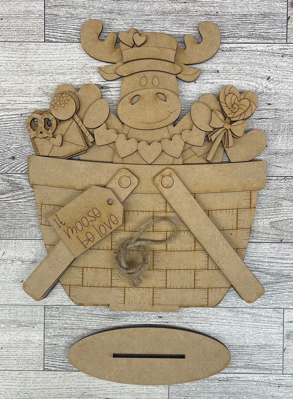 Valentines Moose Basket insert cutouts unpainted ready for you to finish