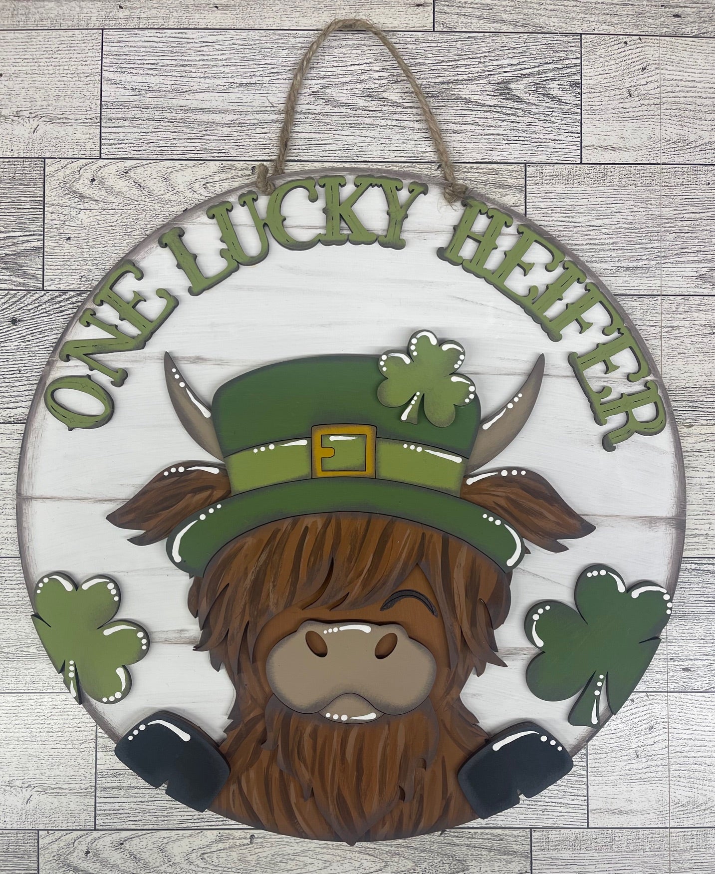One Lucky Heifer - St. Patrick's Day Highland Cow Door Sign cutouts unpainted ready for you to finish