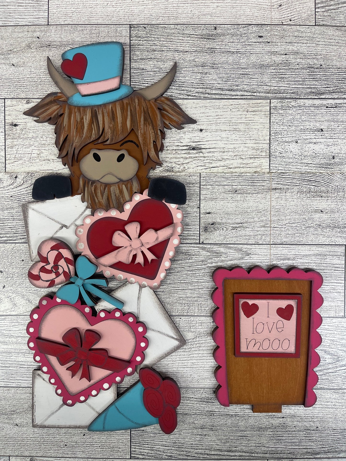 Valentines Highland Cow Birdhouse changeable standing kit only - wood pieces, unpainted wood cutouts, ready for you to paint, sign backer is not included