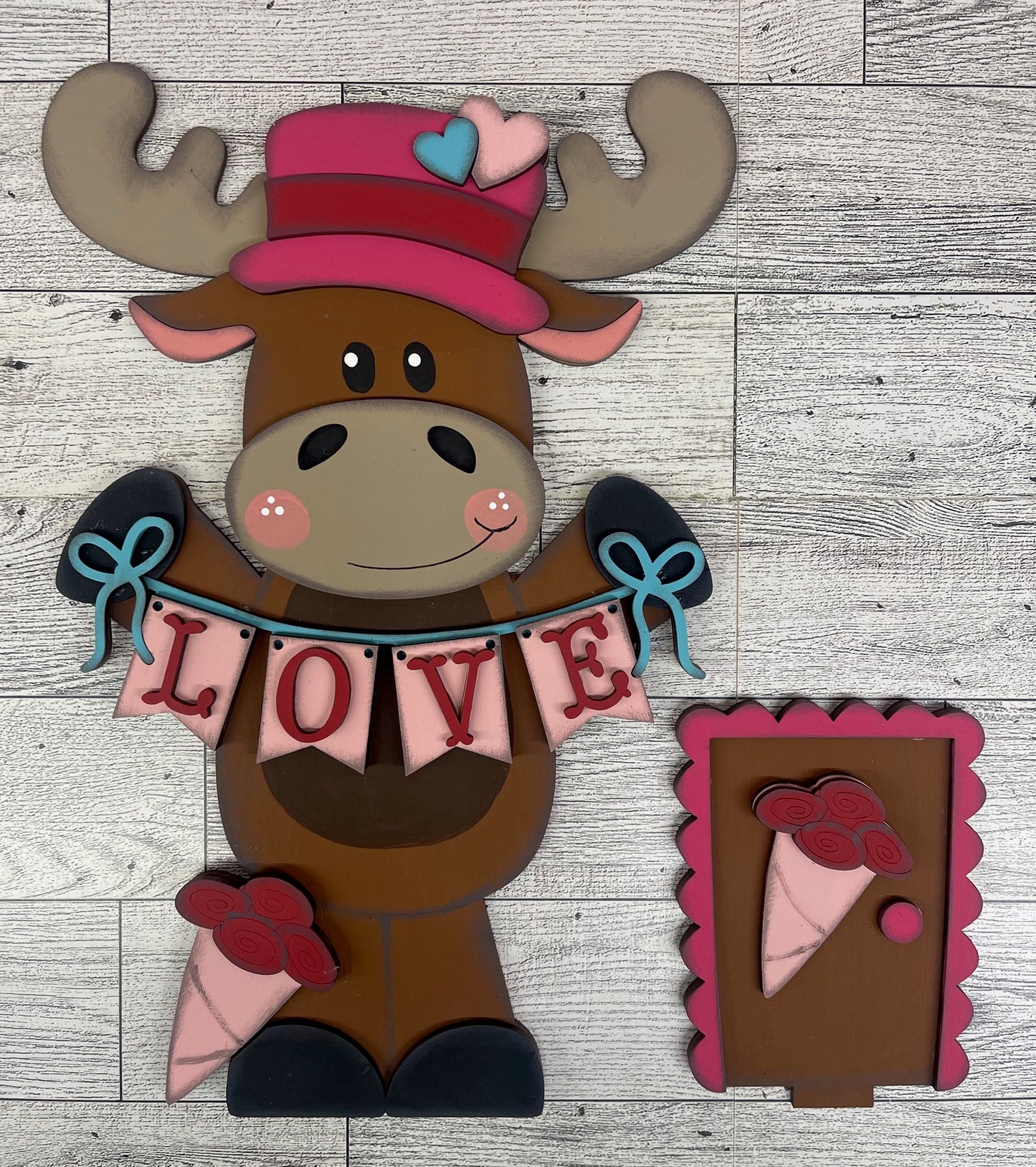 Valentines Moose Birdhouse changeable standing kit only - wood pieces, unpainted wood cutouts, ready for you to paint, sign backer is not included