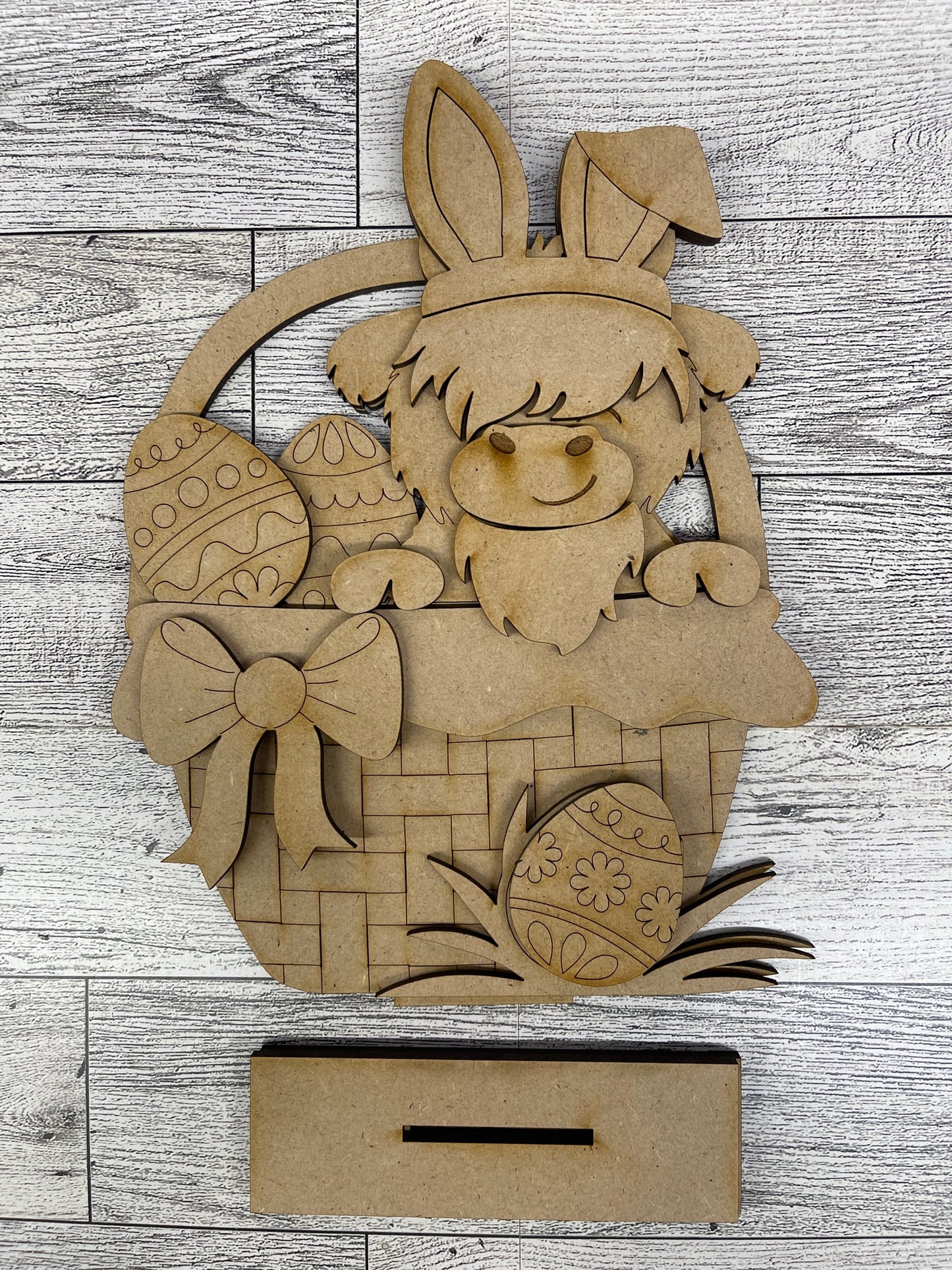 Easter Highland Cow in Easter Basket Stander - this is not an insert - Wood Cutouts unpainted ready for you to paint