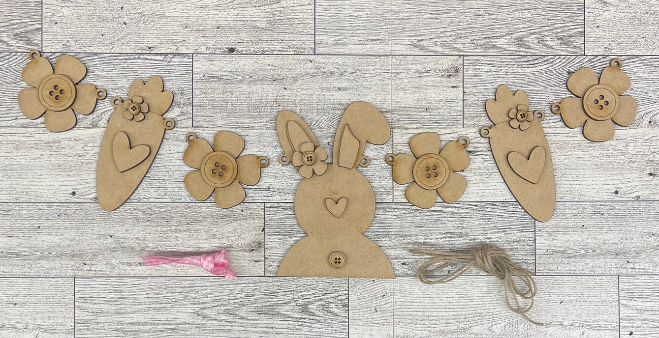 Easter Bunny & Carrots banner Wood Cutouts unpainted ready for you to paint - with jute