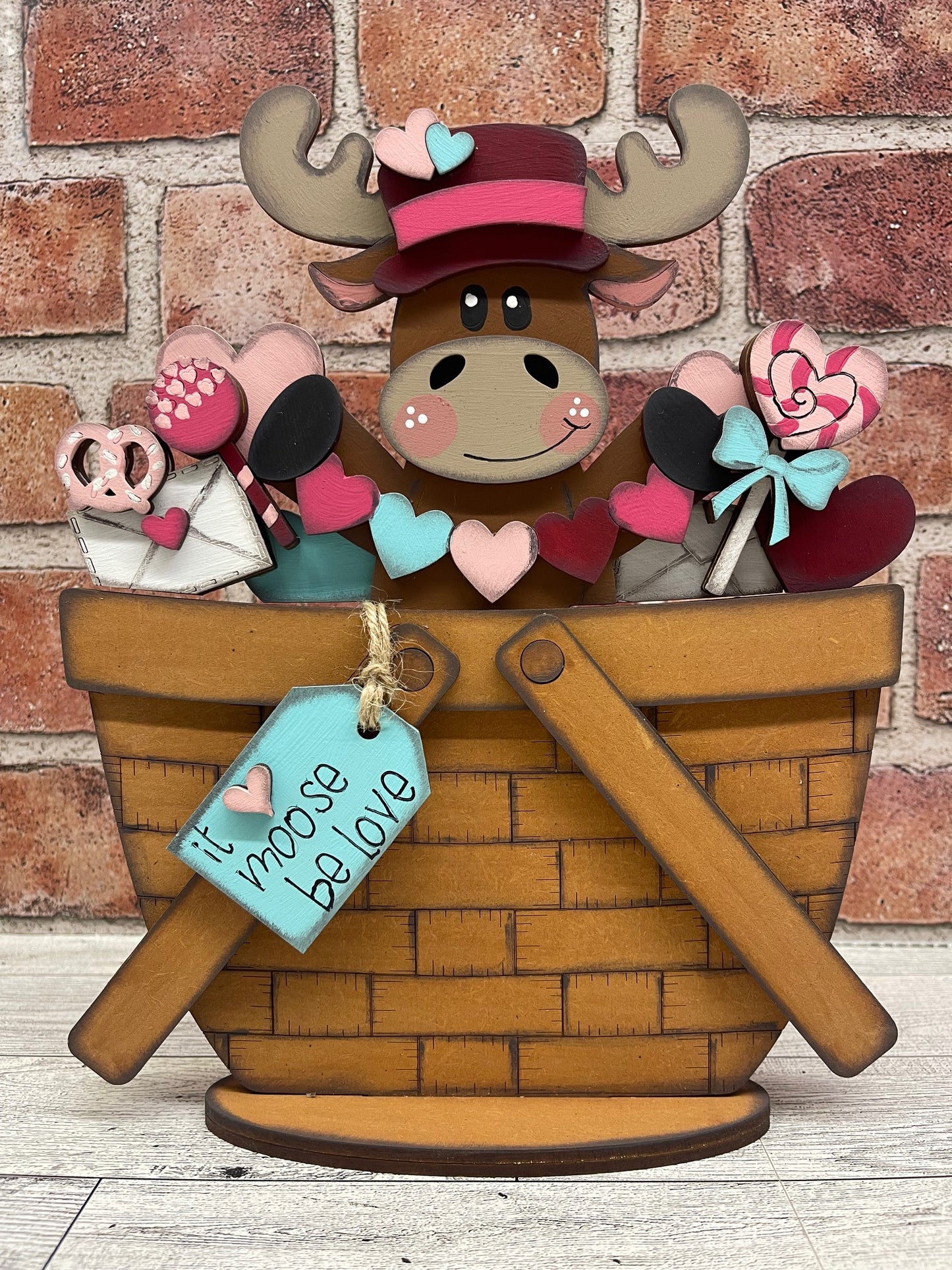 Painted Valentines Moose in Basket - Basket is included