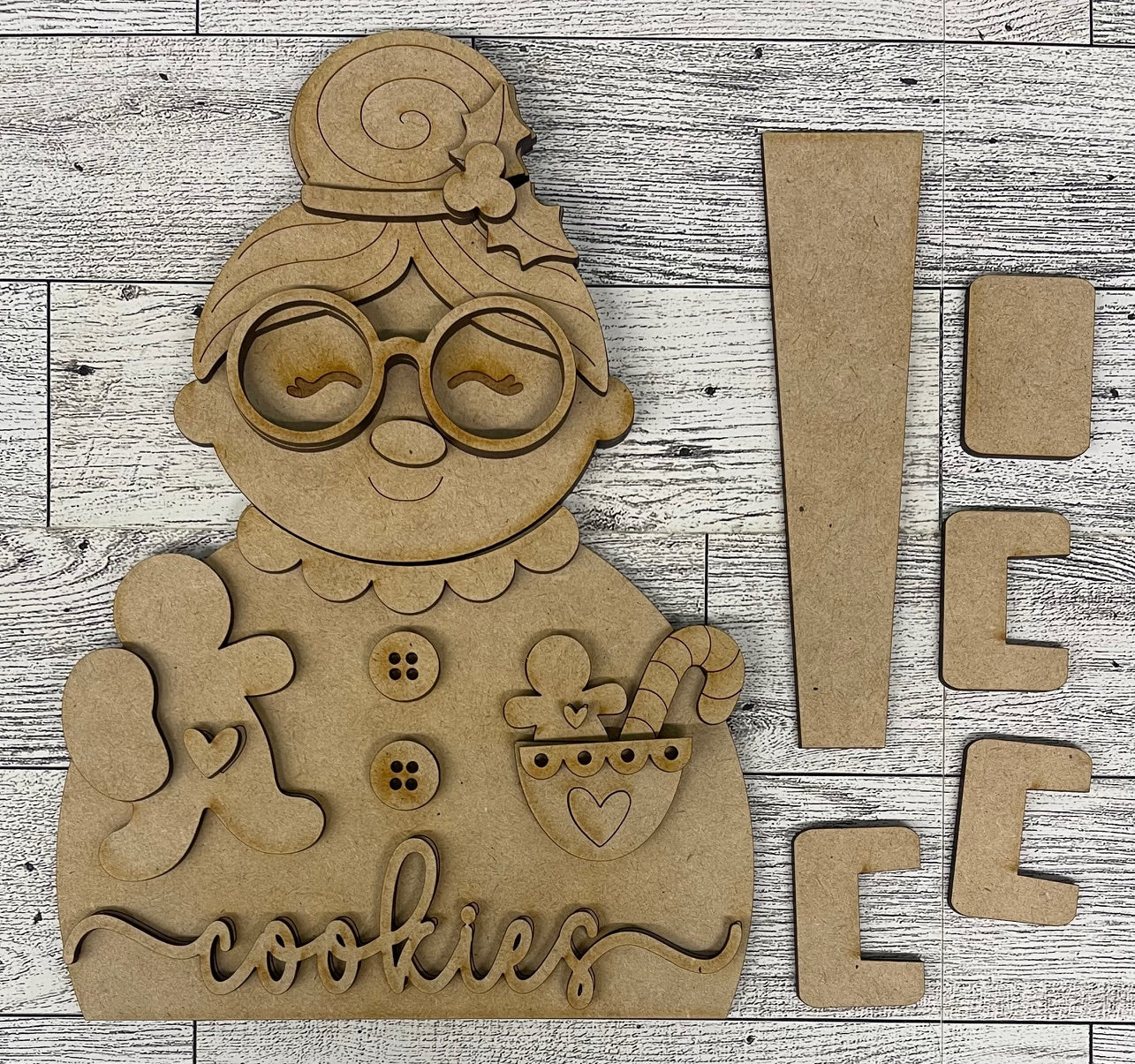 April - Add On Mrs. Claus Shelf Sitter - unpainted wood cutouts, ready for you to paint