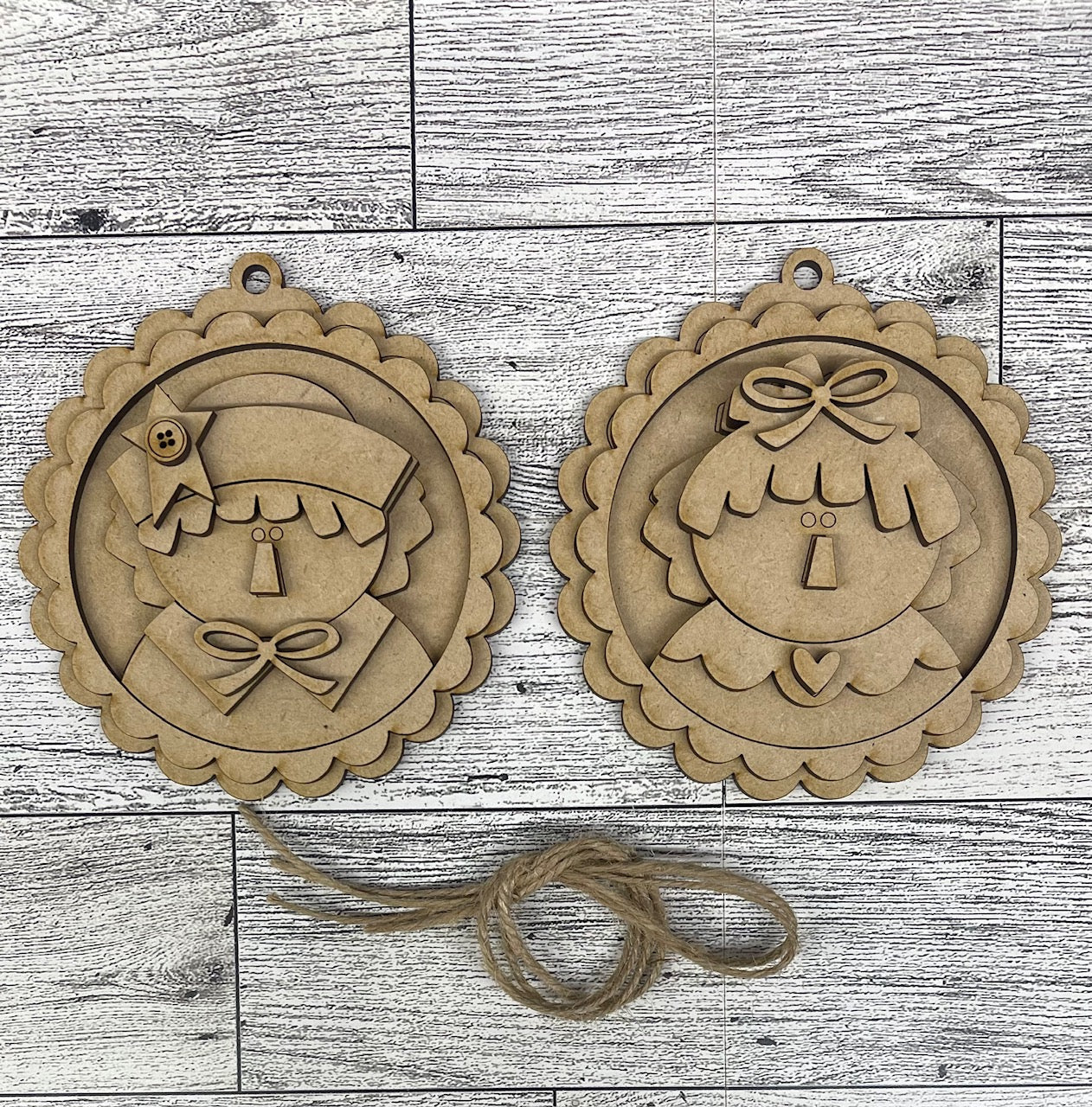 Prim Raggedy Ann & Andy Patriotic Ornament set of 2 cutouts - unpainted wooden cutouts, ready for you to paint