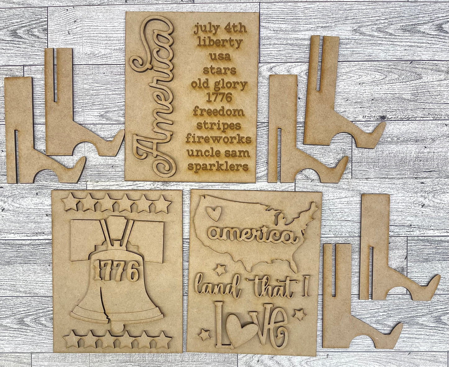 Prim Patriotic Sign Trio with easels - unpainted cutouts